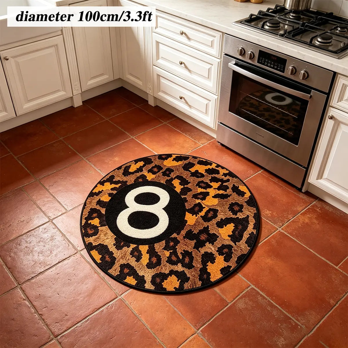 8 Ball Leopard Print Round Rug for Game Room, Man Cave, Dorm & Teen Bedroom, Soft Non-Slip Round Accent Rug, Anti Skid Rug, Perfect Retro Gift