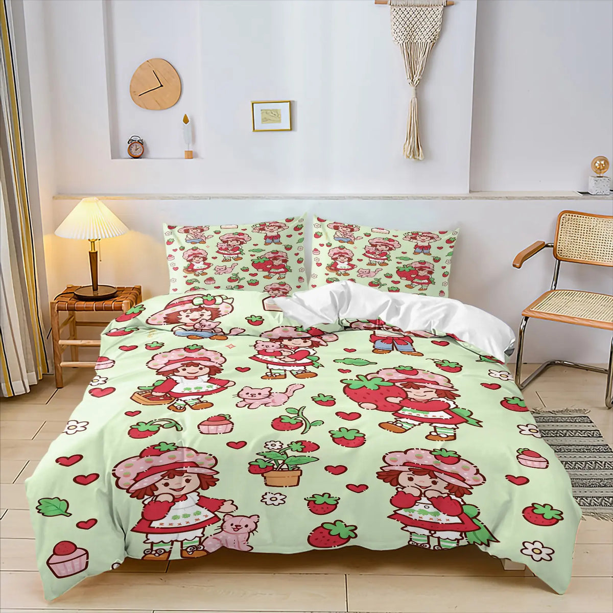 Light Green Strawberry Girl Cartoon Duvet Cover Set-1 Duvet & 1-2 Pillowcases-Strawberry Girl with Pink Kitten, Strawberry and Cupcake-Comfortable Breathable-Kids Bedroom Decor-Nostalgic Gift for Fans