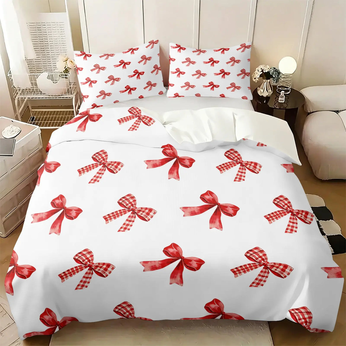Milk Tea Color Cow Print Bow Duvet Cover Set-1 Duvet and 1-2 Coreless Pillowcases-Star-Decorated Bow and Cow Print Patchwork Bow-Soft Breathable-Vintage Gentel Style for Kids' & Girls' Bedroom Decor