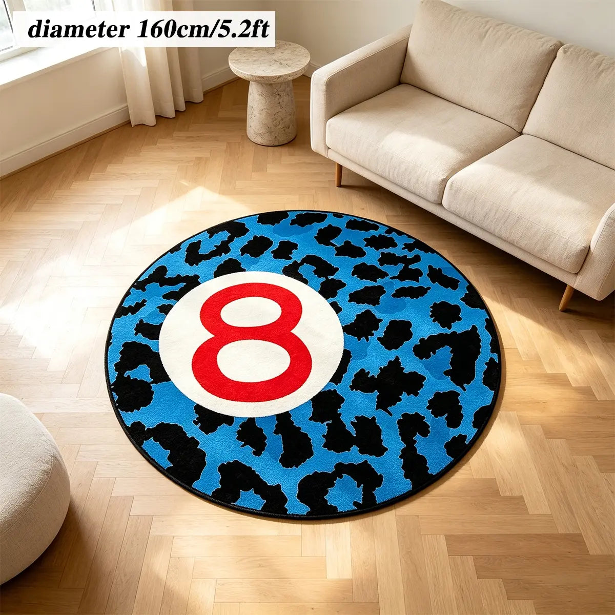 8 Ball Leopard Print Round Rug for Game Room, Man Cave, Dorm & Teen Bedroom, Soft Non-Slip Round Accent Rug, Anti Skid Rug, Perfect Retro Gift