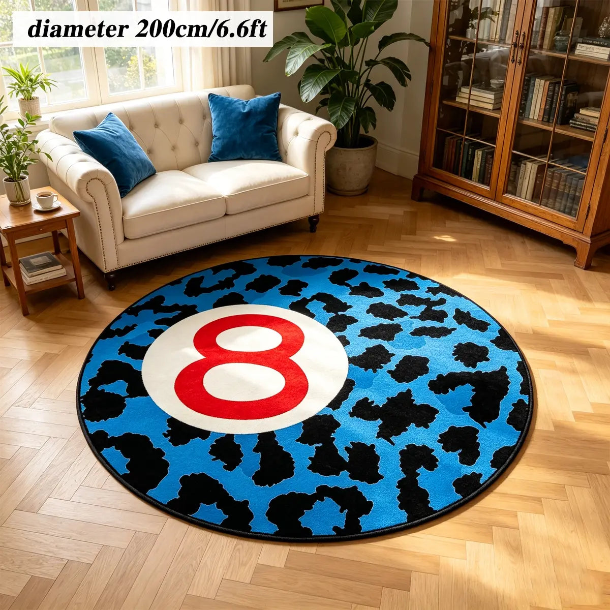 8 Ball Leopard Print Round Rug for Game Room, Man Cave, Dorm & Teen Bedroom, Soft Non-Slip Round Accent Rug, Anti Skid Rug, Perfect Retro Gift