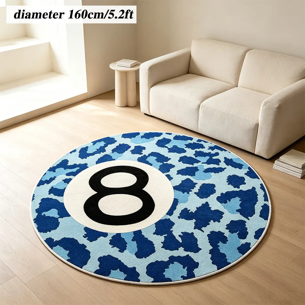 8 Ball Leopard Print Round Rug for Game Room, Man Cave, Dorm & Teen Bedroom, Soft Non-Slip Round Accent Rug, Anti Skid Rug, Perfect Retro Gift