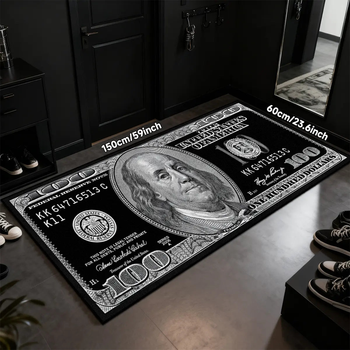 Black Dollar rug, Decorative area rug, long rug, soft comfortable non-slip floor mat, Machine washable, Non Slip Rugs, Anti Slip Rugs, home decoration, suitable for bedside, kitchen, bedroom, bathroom, living room and other scenes