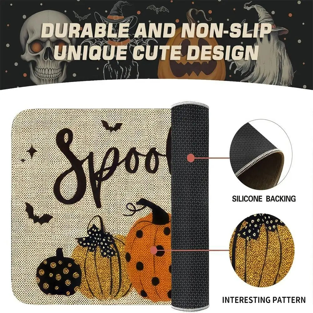 Set of 2 Halloween Pumpkin Style Kitchen Rugs, Washable Non-Slip, Low Profile Floor Mats for Kitchen, Laundry Room, Hallway, Entrance Mat