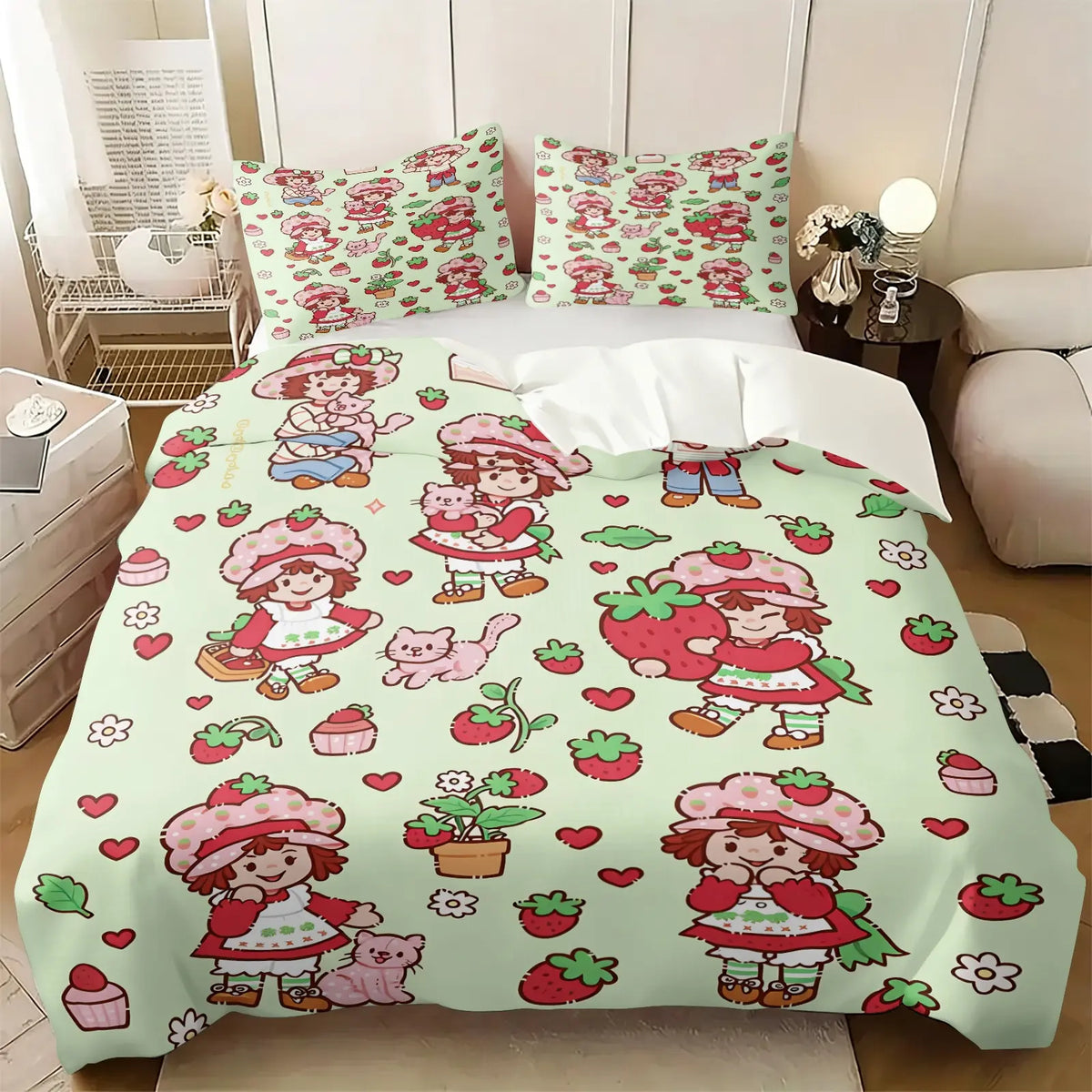 Light Green Strawberry Girl Cartoon Duvet Cover Set-1 Duvet & 1-2 Pillowcases-Strawberry Girl with Pink Kitten, Strawberry and Cupcake-Comfortable Breathable-Kids Bedroom Decor-Nostalgic Gift for Fans