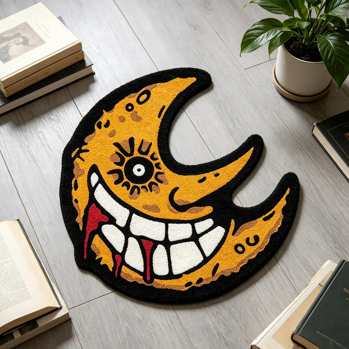 1 Piece Creepy Grinning Crescent Moon Irregular Carpet Rug, Single Eyed Bloody Fangs Halloween Design, Ultra-Soft Non-slip Machine Washable Floor Carpet Rug, Decorative Rug, Floor Rugs, Room Decoration Rug, Ideal For Bedroom & Gothic Spooky Home Decor