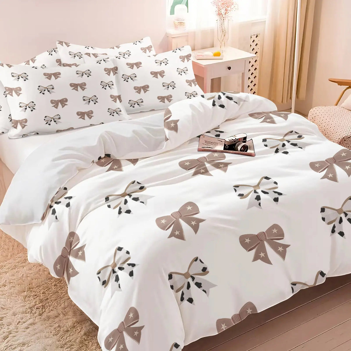 Milk Tea Color Cow Print Bow Duvet Cover Set-1 Duvet and 1-2 Coreless Pillowcases-Star-Decorated Bow and Cow Print Patchwork Bow-Soft Breathable-Vintage Gentel Style for Kids' & Girls' Bedroom Decor