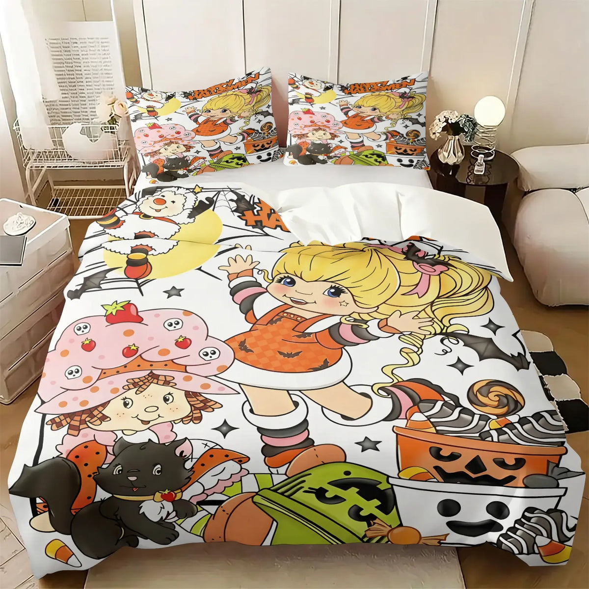 Light Green Strawberry Girl Cartoon Duvet Cover Set-1 Duvet & 1-2 Pillowcases-Strawberry Girl with Pink Kitten, Strawberry and Cupcake-Comfortable Breathable-Kids Bedroom Decor-Nostalgic Gift for Fans