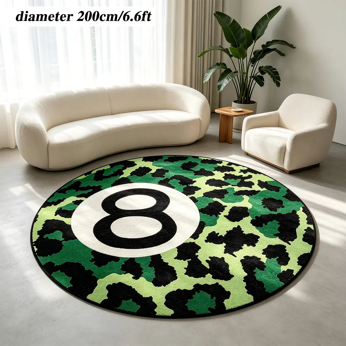 8 Ball Leopard Print Round Rug for Game Room, Man Cave, Dorm & Teen Bedroom, Soft Non-Slip Round Accent Rug, Anti Skid Rug, Perfect Retro Gift