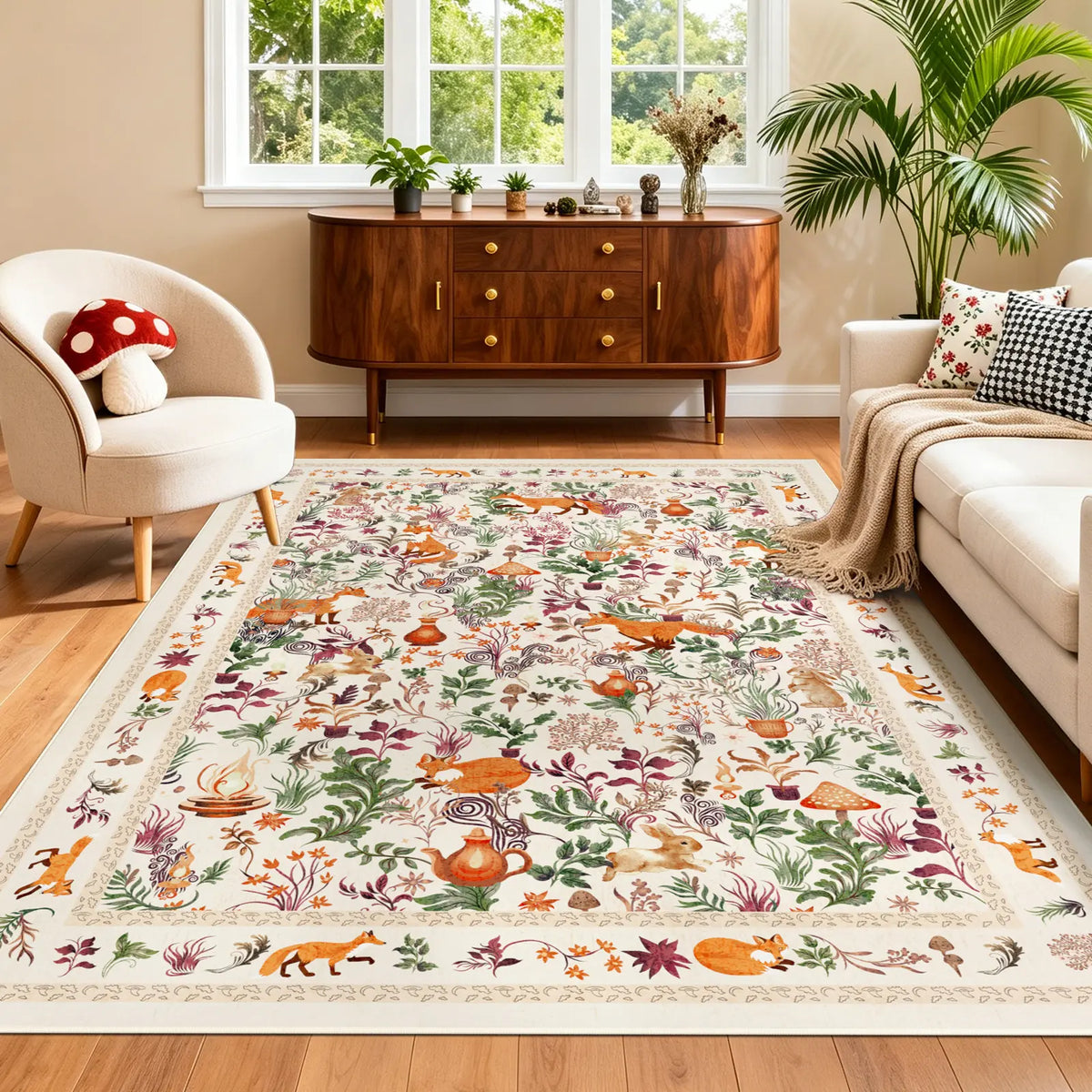 Geanup Vibrant Fox-Mushroom Magic Rug - Non-Slip, Soft, Thin Whimsical Animal Carpet with Vivid Color Hold, Room Decor & House Decor Accent for Living Room, Bedroom