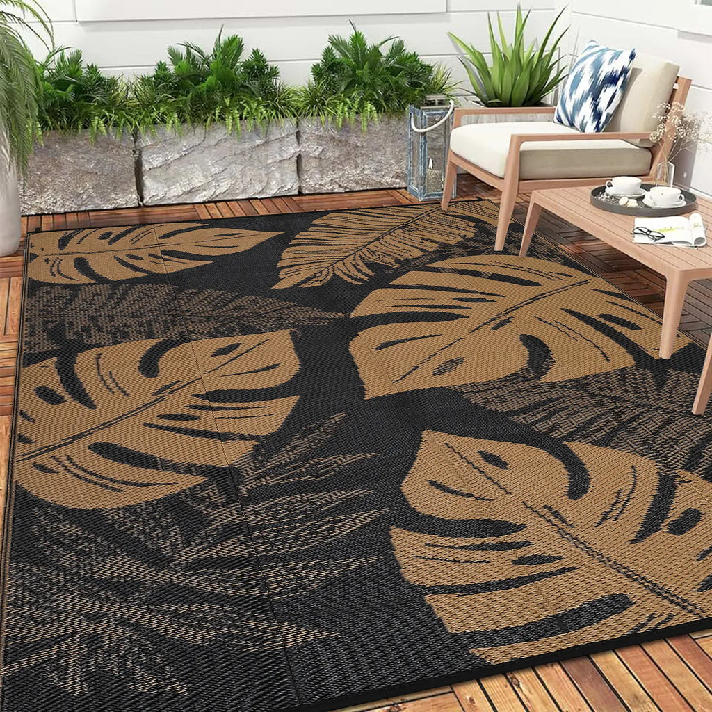 Leaf Print Outdoor Rug Double-Sided Reversible Plastic Straw Woven Rug Foldable Garden Decoration Rug Large Size Washable Outdoor Rug for Terrace Beach RV Picnic Balcony Patio