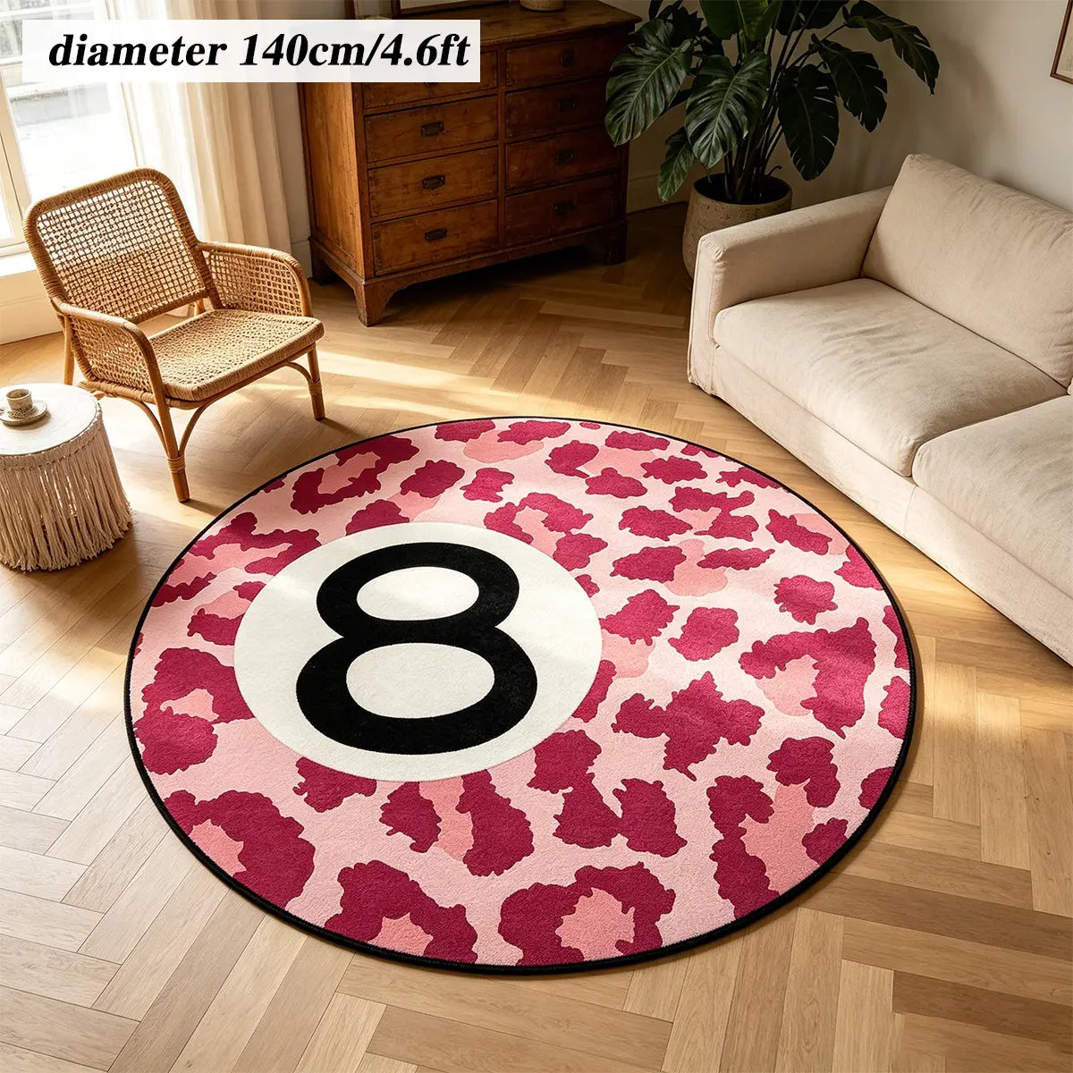 8 Ball Leopard Print Round Rug for Game Room, Man Cave, Dorm & Teen Bedroom, Soft Non-Slip Round Accent Rug, Anti Skid Rug, Perfect Retro Gift