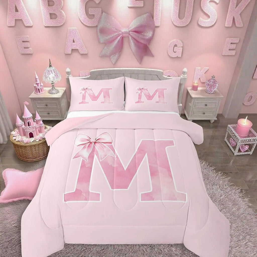 Feelyou Women's Initial M Blush Pink Bowknot Dorm Room Plush Bedding Set - Coquette Monogrammed Comforter Quilt, Preppy Bedroom Decor, Birthday Gift for Teen Girls