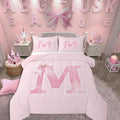 Feelyou Women's Initial M Blush Pink Bowknot Dorm Room Plush Bedding Set - Coquette Monogrammed Comforter Quilt, Preppy Bedroom Decor, Birthday Gift for Teen Girls