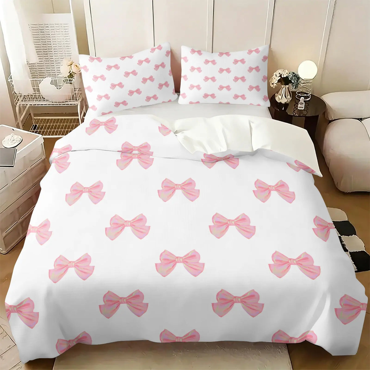 Milk Tea Color Cow Print Bow Duvet Cover Set-1 Duvet and 1-2 Coreless Pillowcases-Star-Decorated Bow and Cow Print Patchwork Bow-Soft Breathable-Vintage Gentel Style for Kids' & Girls' Bedroom Decor